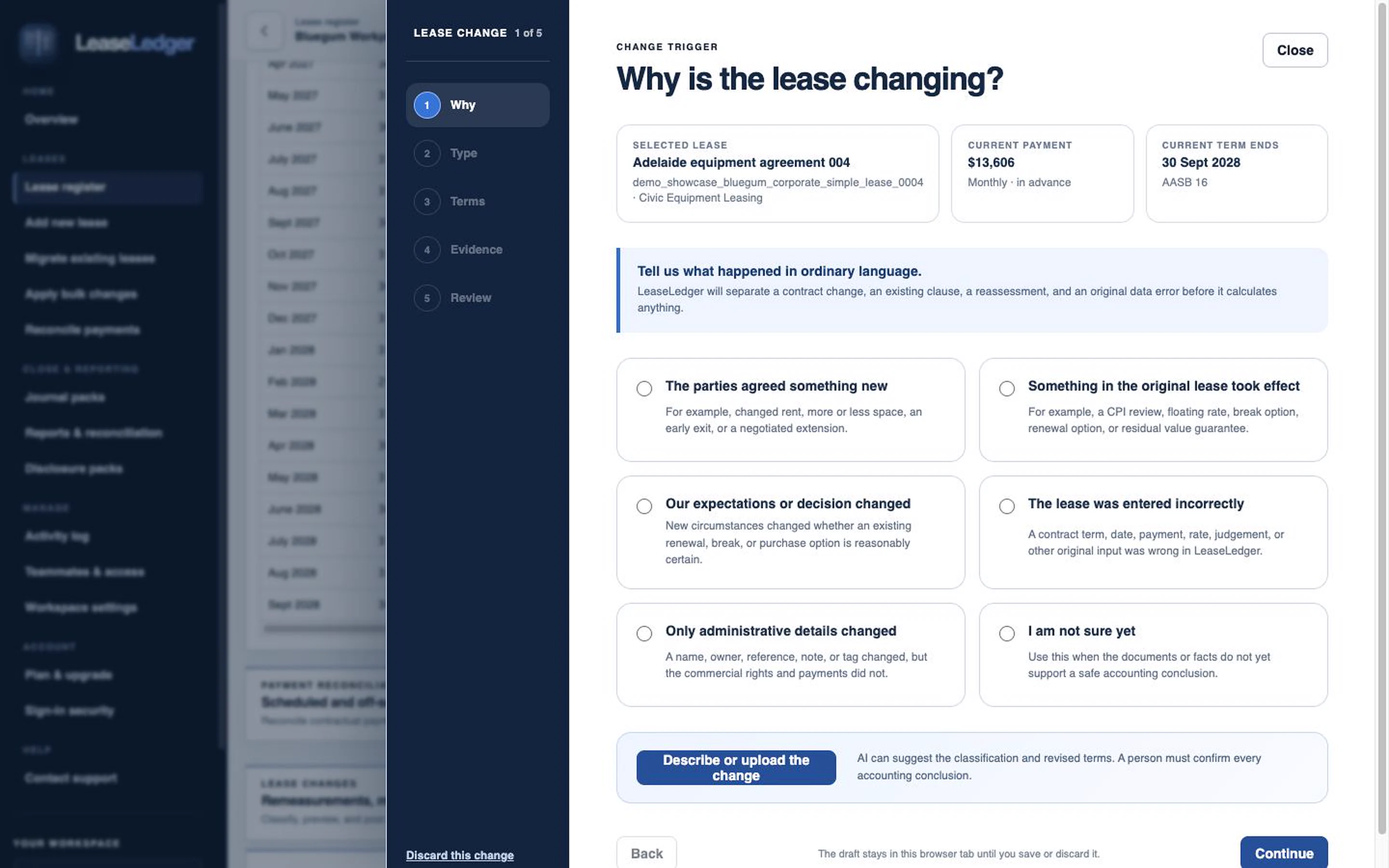 LeaseLedger wizard asking why the lease is changing